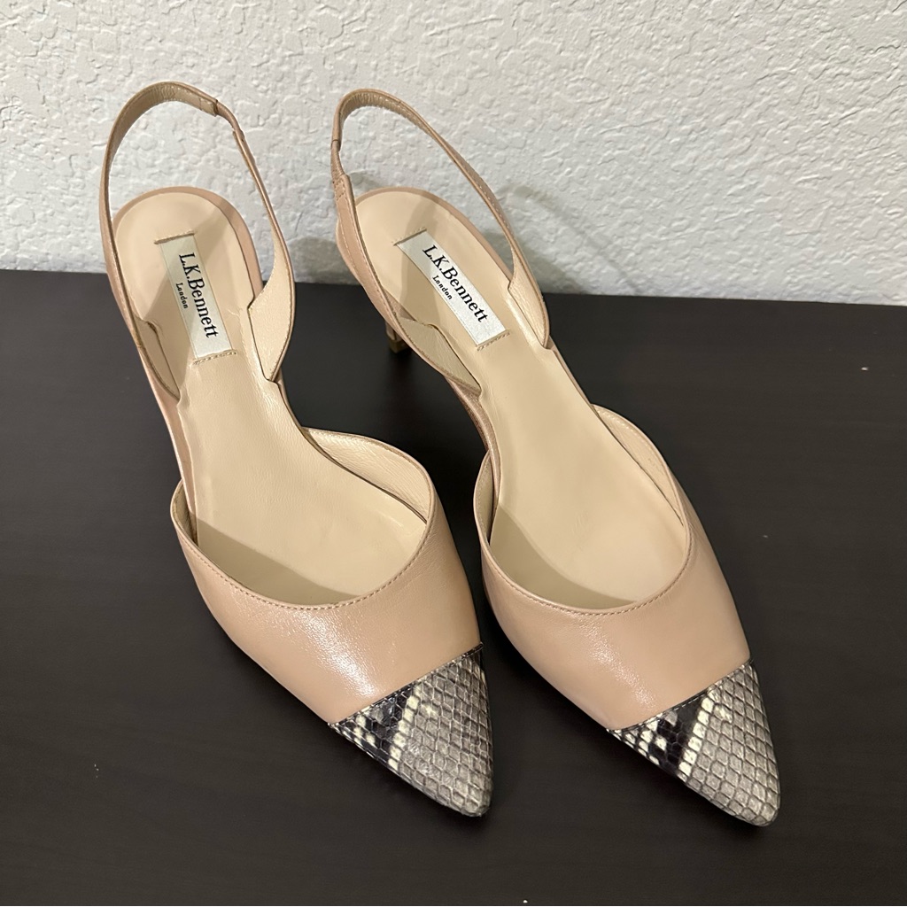 L.K. Bennett London Keira Blush/Nude/Snakeskin Sling-Back Leather Kitten Heels